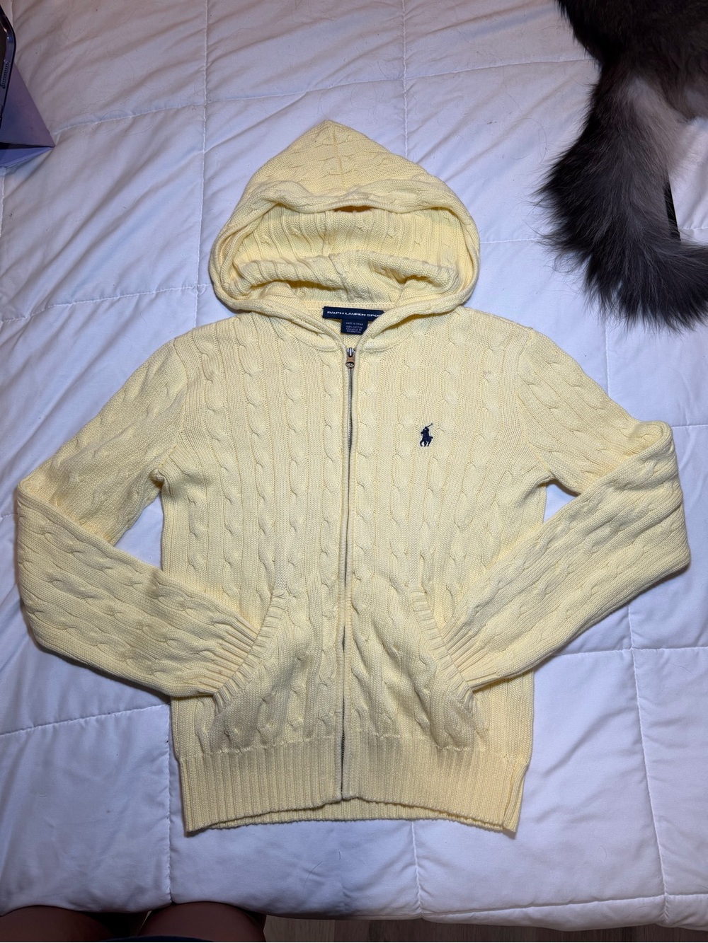 Ralph Lauren Light Yellow Cable-Knit Hooded Zip Sweater
